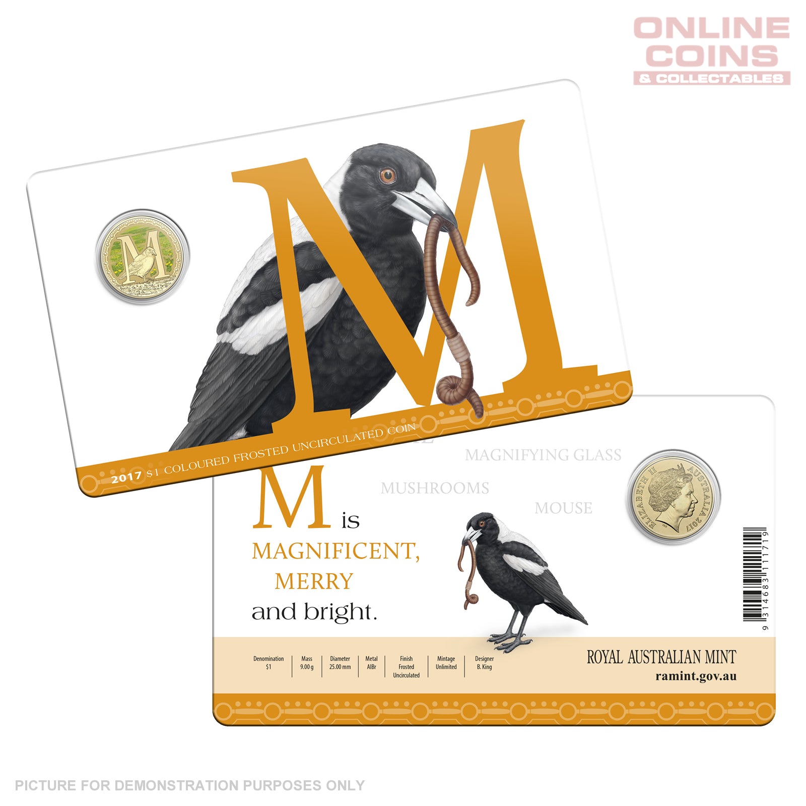2017 $1 Coloured Alphabet Frosted Coin In Card - M For Magpie